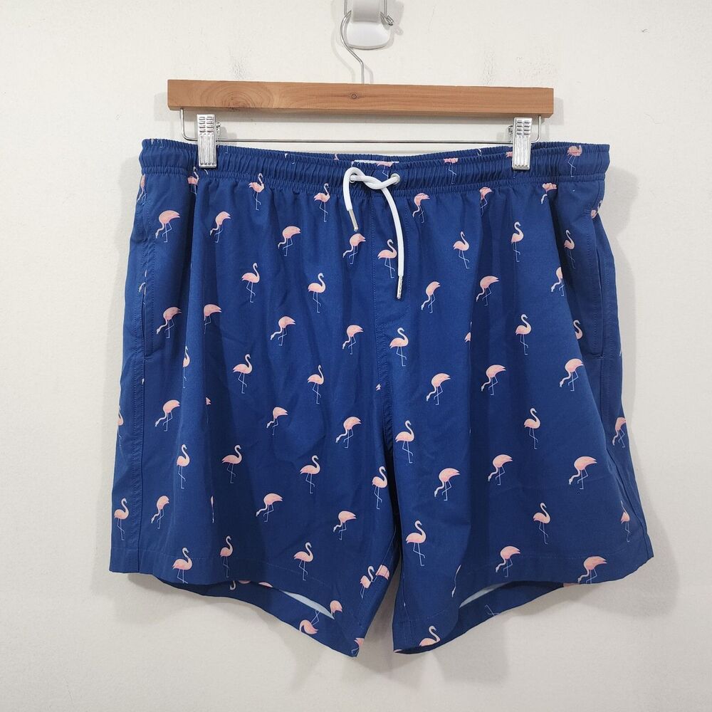 Bermies Mens M Medium Classic 6 in Inseam Blue Swim Trunks Pink Flamingo CLEAN